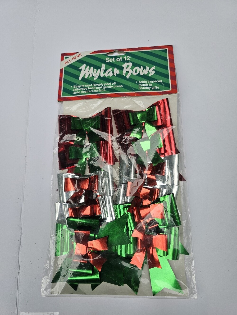 Vintage Set Of 12 Christmas Decorations Package Bows Foil Shiny Tags Wrapping